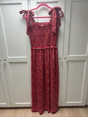 Max Studio Red Floral Smocked Dress with Pink and Brown Accents